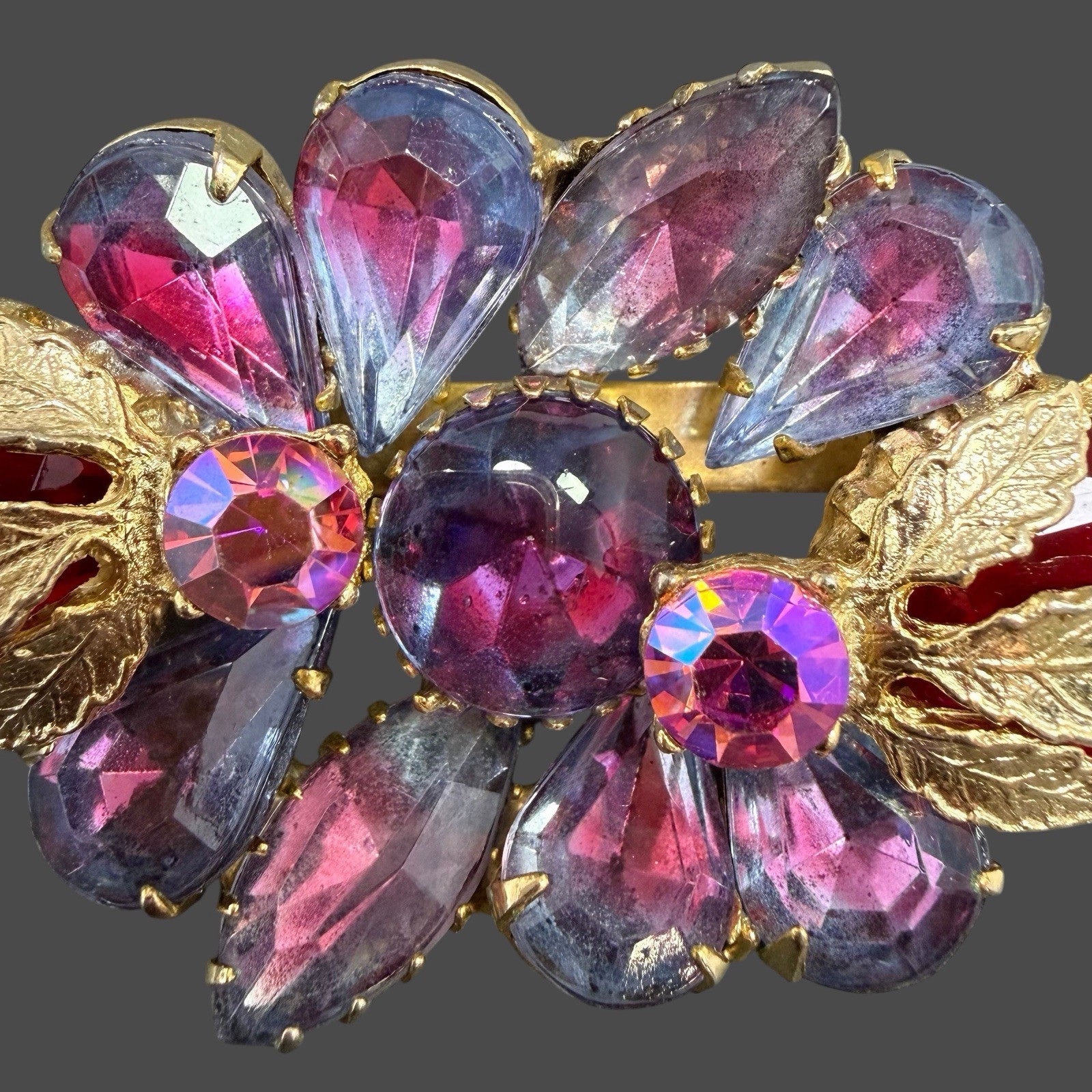 Vintage Gold Tone Red Cab Purple Pink Rhinestone Floral Linear Bar Brooch