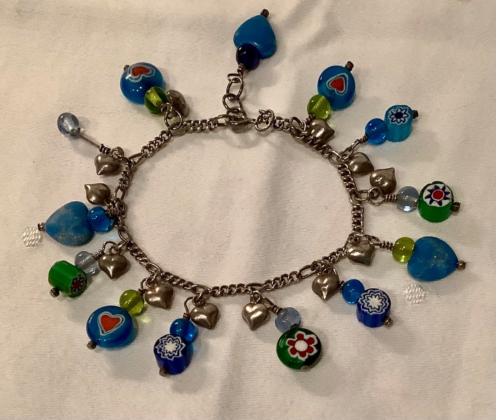 Vintage Sterling Charm Bracelet Puffed Hearts Millefiori Glass Hearts & Flowers