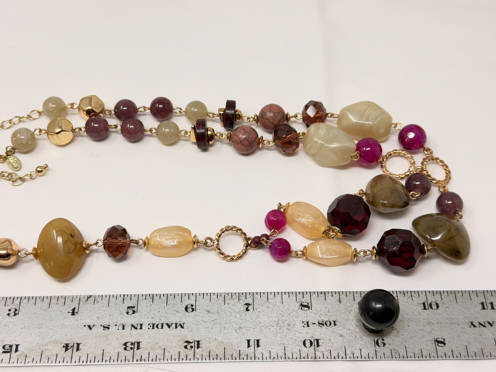 CHICO’S Gold Tone Purple Green Cream Acrylic Bead Y Drop Necklace