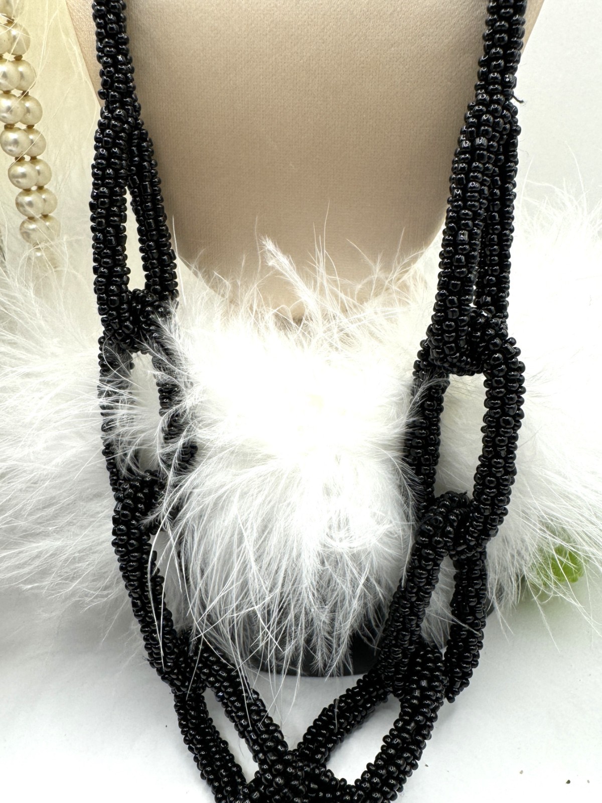 Designer Black Micro-Beaded Statement Necklace Multi-Looped Rare High End