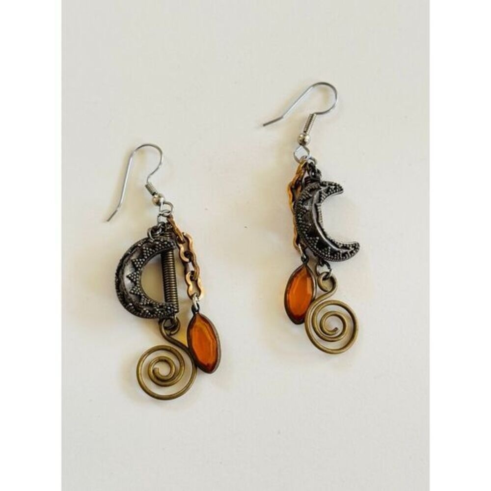 Chunky Earrings Silver brass Pierced dangle Crescent Moon Boho Modernist VTG 80s