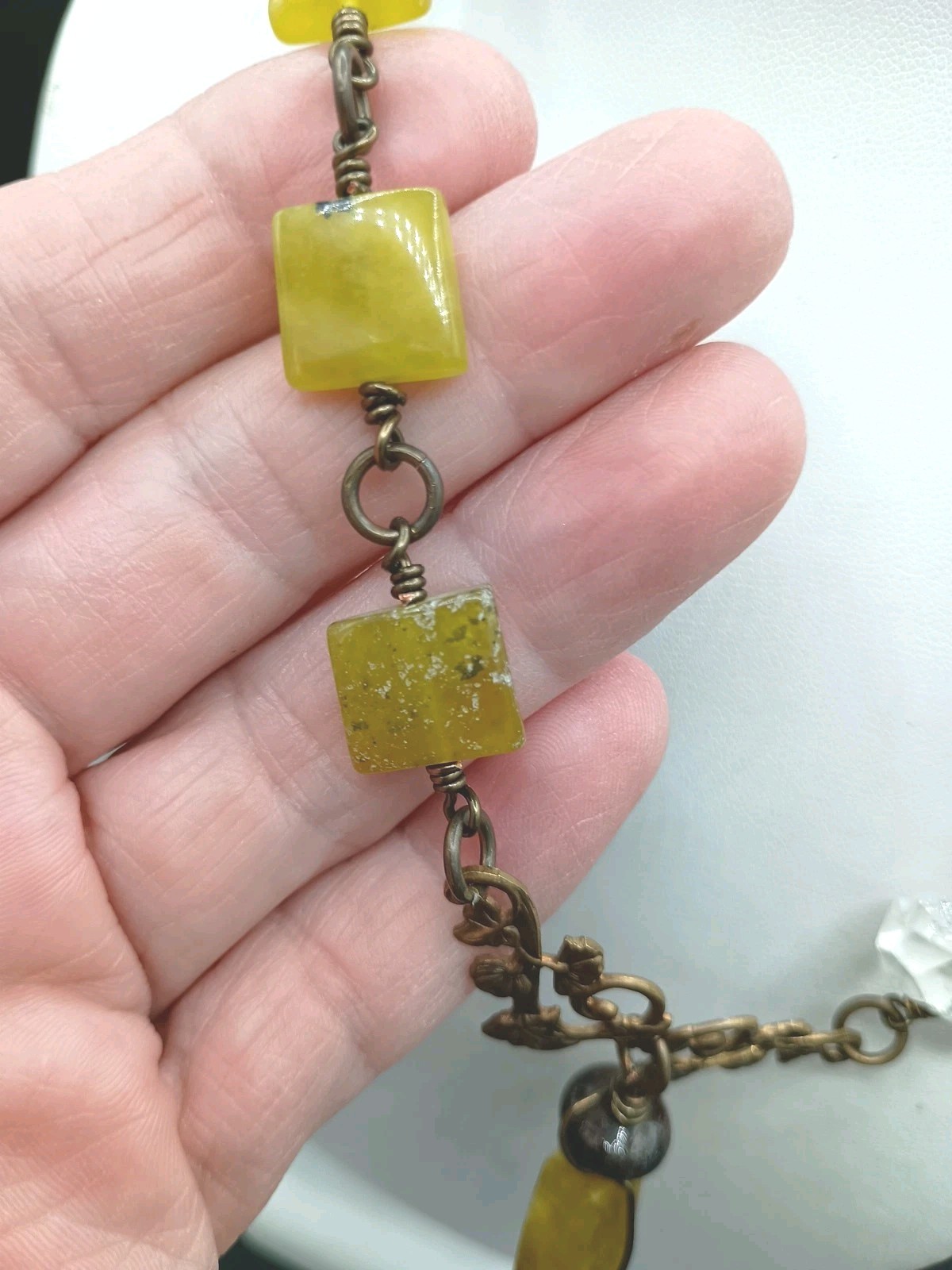 Gem Stone Necklace Copper Wire Wrap Fat Quartz Yellow Rock Floral Artisan