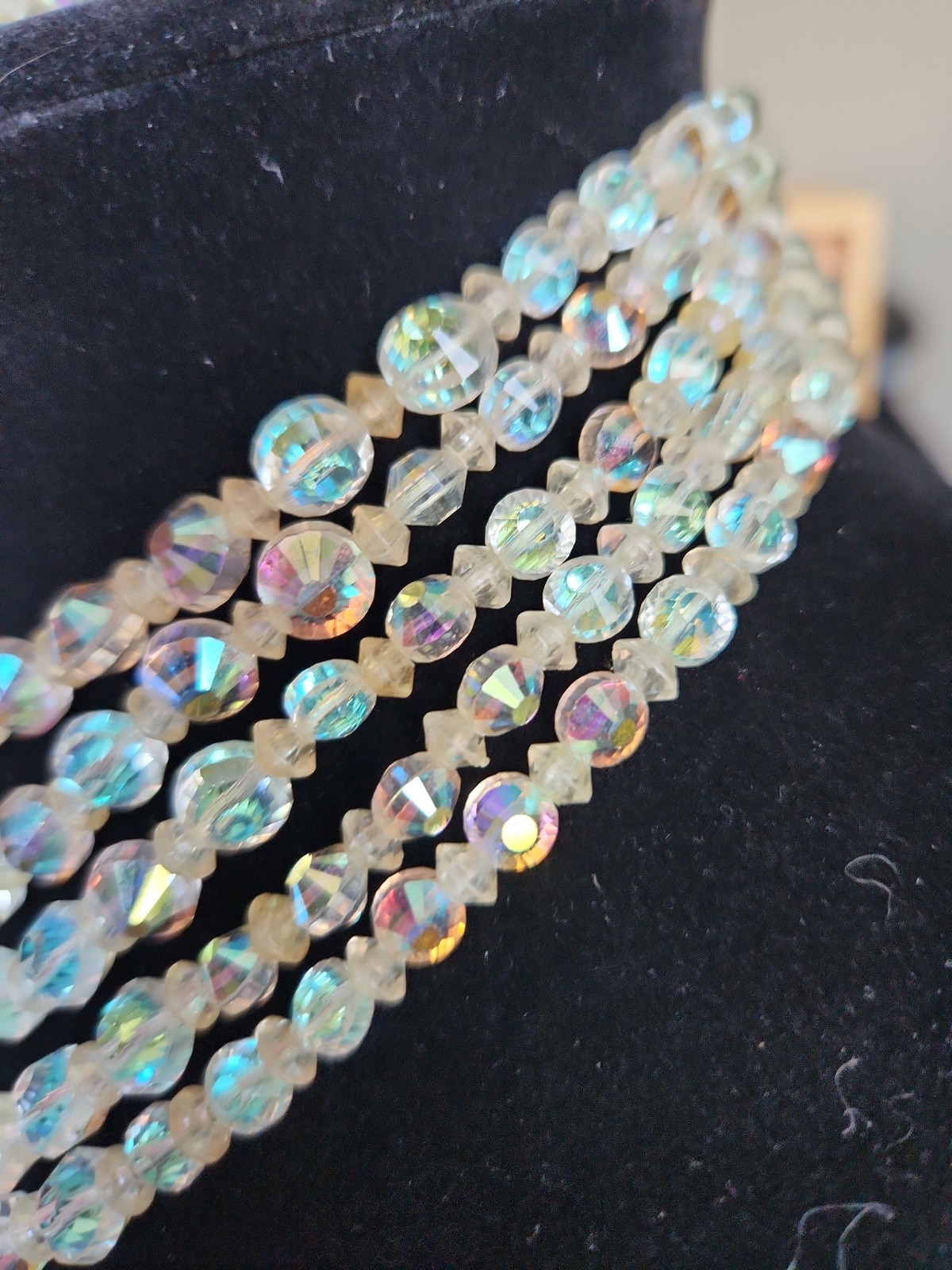 VINTAGE AURORA BOREALIS AB FACETED FIVE (5) STRAND CRYSTAL NECKLACE 11-16”