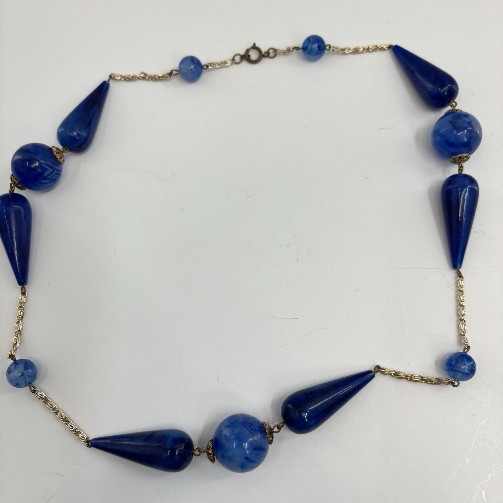 VTG Necklace Gold Tone Blue Marbled Beads 26″ Modern Art Nouveau Style