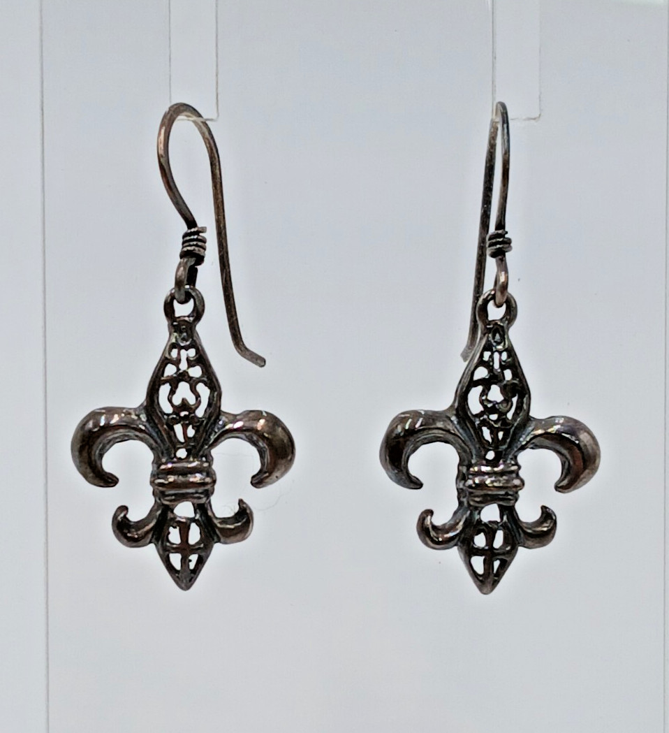 VTG 925 Fleur De Lis Dangle Earrings 1.5in Drop Sterling Silver 2g Estate