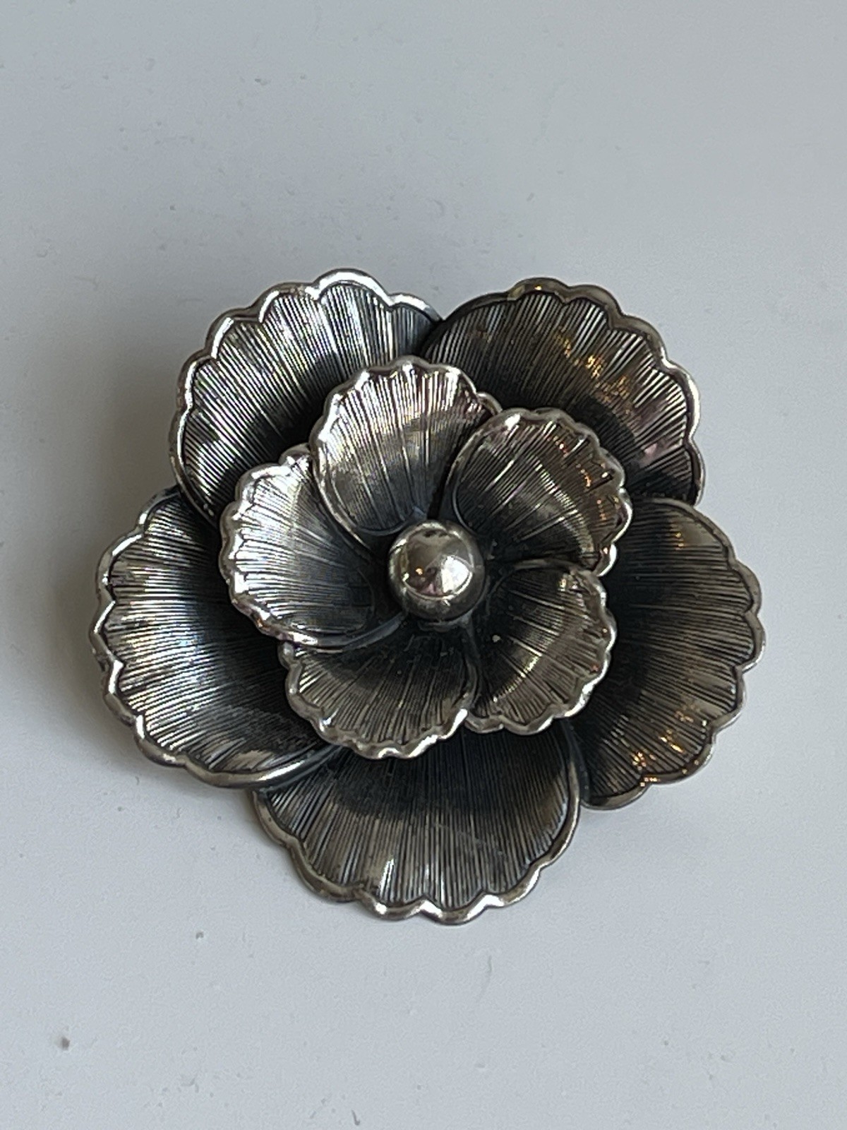 Vintage Signed Beau Sterling Silver Layered Flower Brooch Pin Midcentury