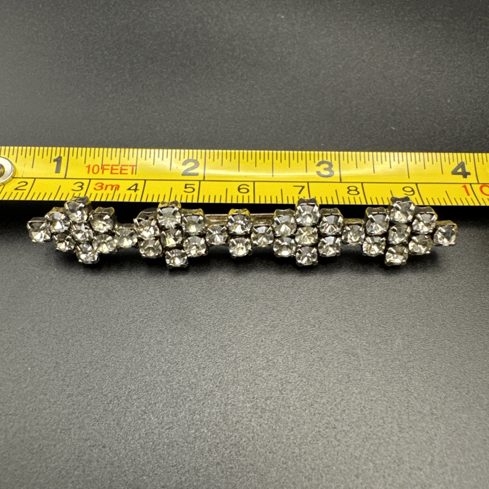 Vintage 1940s Long Ice Rhinestone Geometric Bar Pin 7.3cm Silver Tone C Clasp