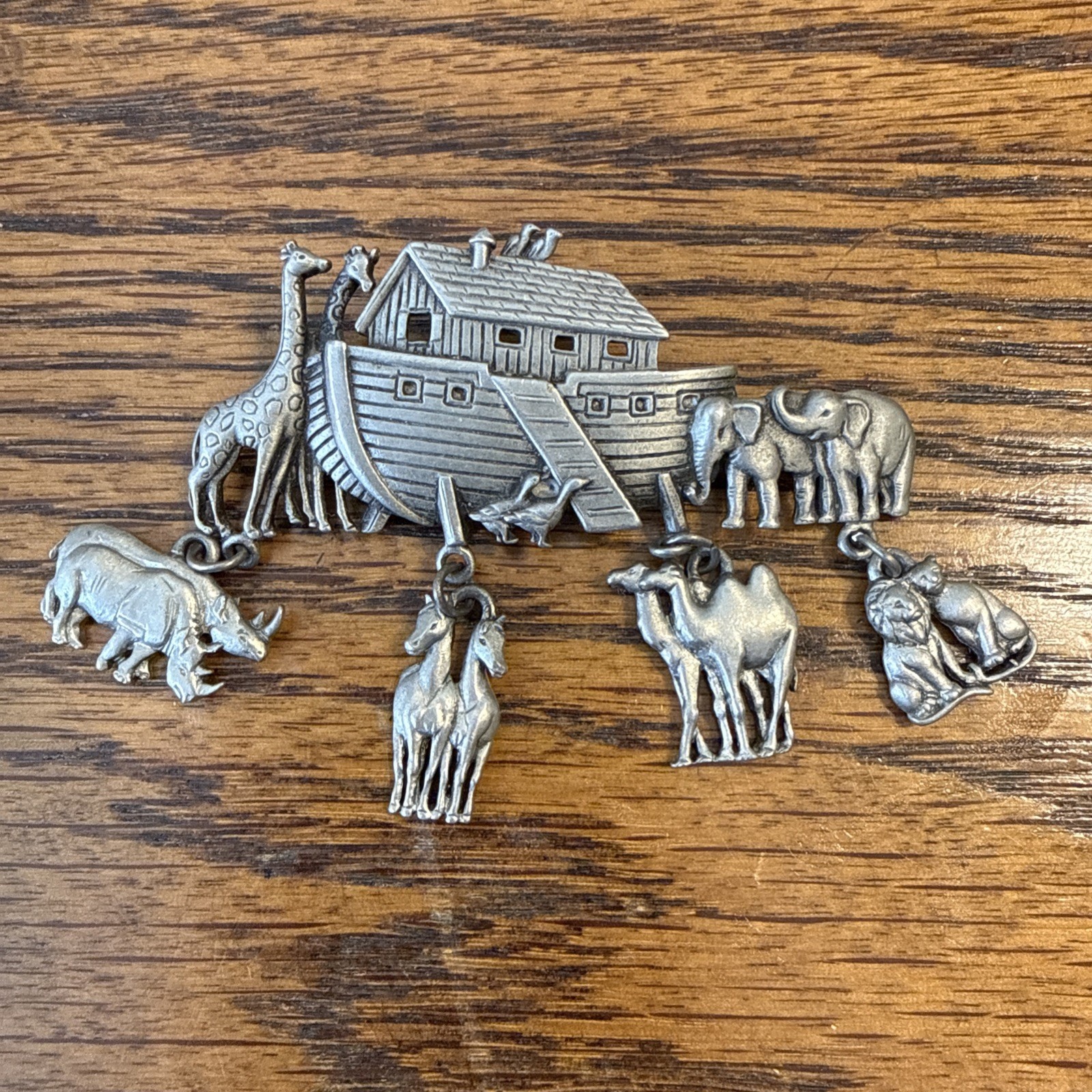 JJ pewter Noah’s Arc pin (brooch) measures approximately 2 3/4”wide