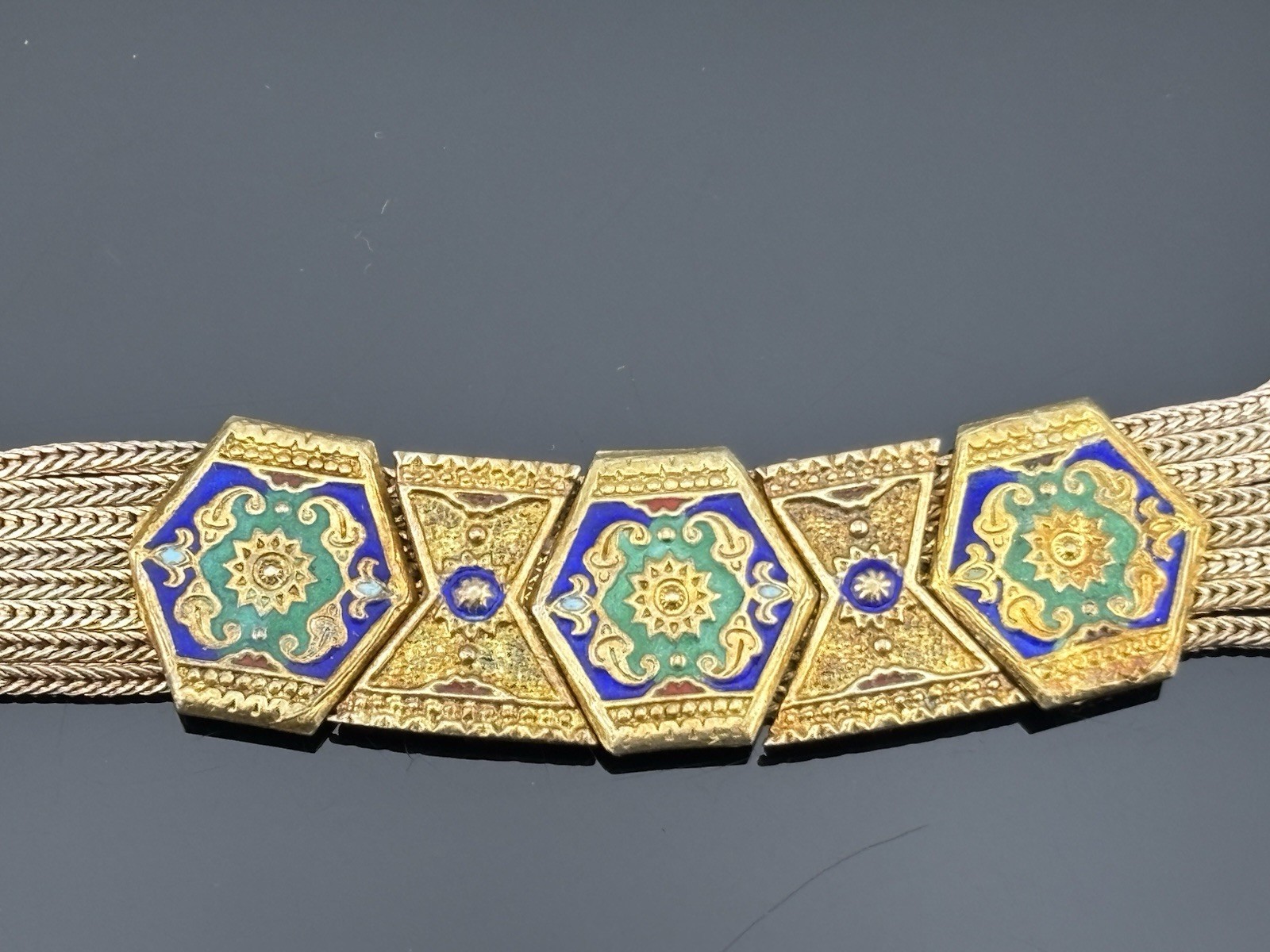 Vtg Anatoli Sterling Silver Enamel Necklace Gold Vermeil Station Pendants 17″