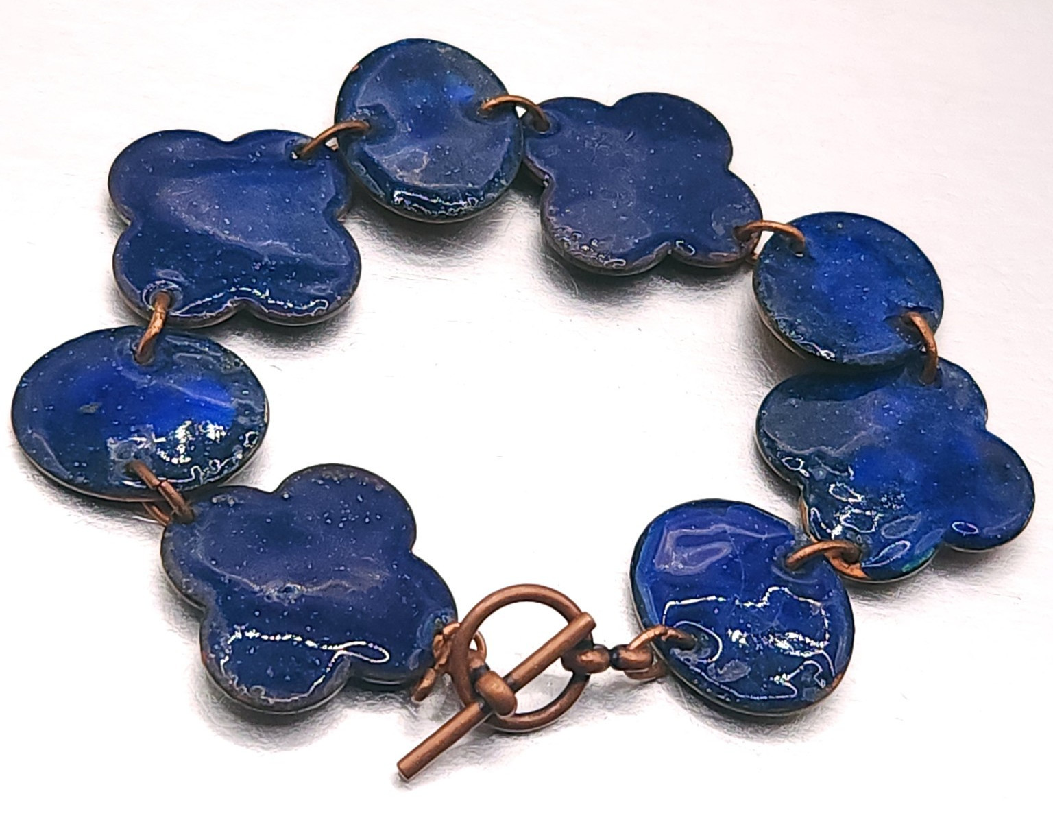 Vintage Solid Copper South Western Blue Enamel Wide Link Bracelet 7.5″