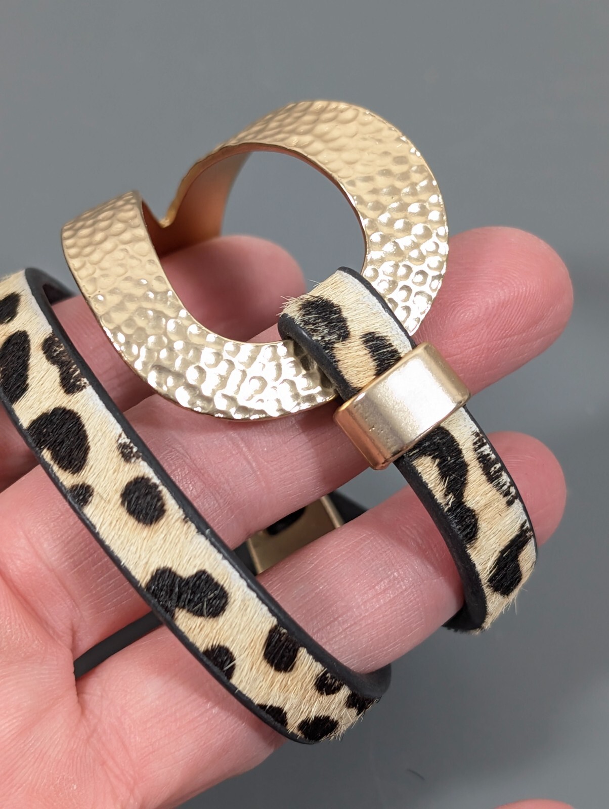 Cheetah Animal Print Faux Fur Gold Tone Hammered Wrap Bracelet 14 inch Boho