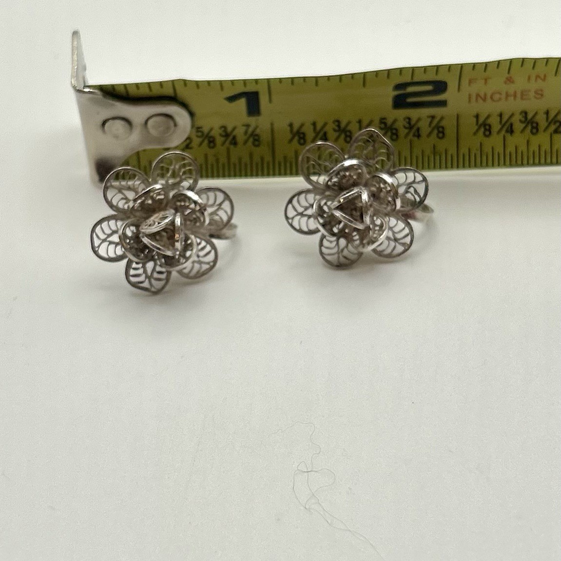 Antique 800 Silver MEXICO Cannetille Filigree Flower Screw-Back Earrings Signed