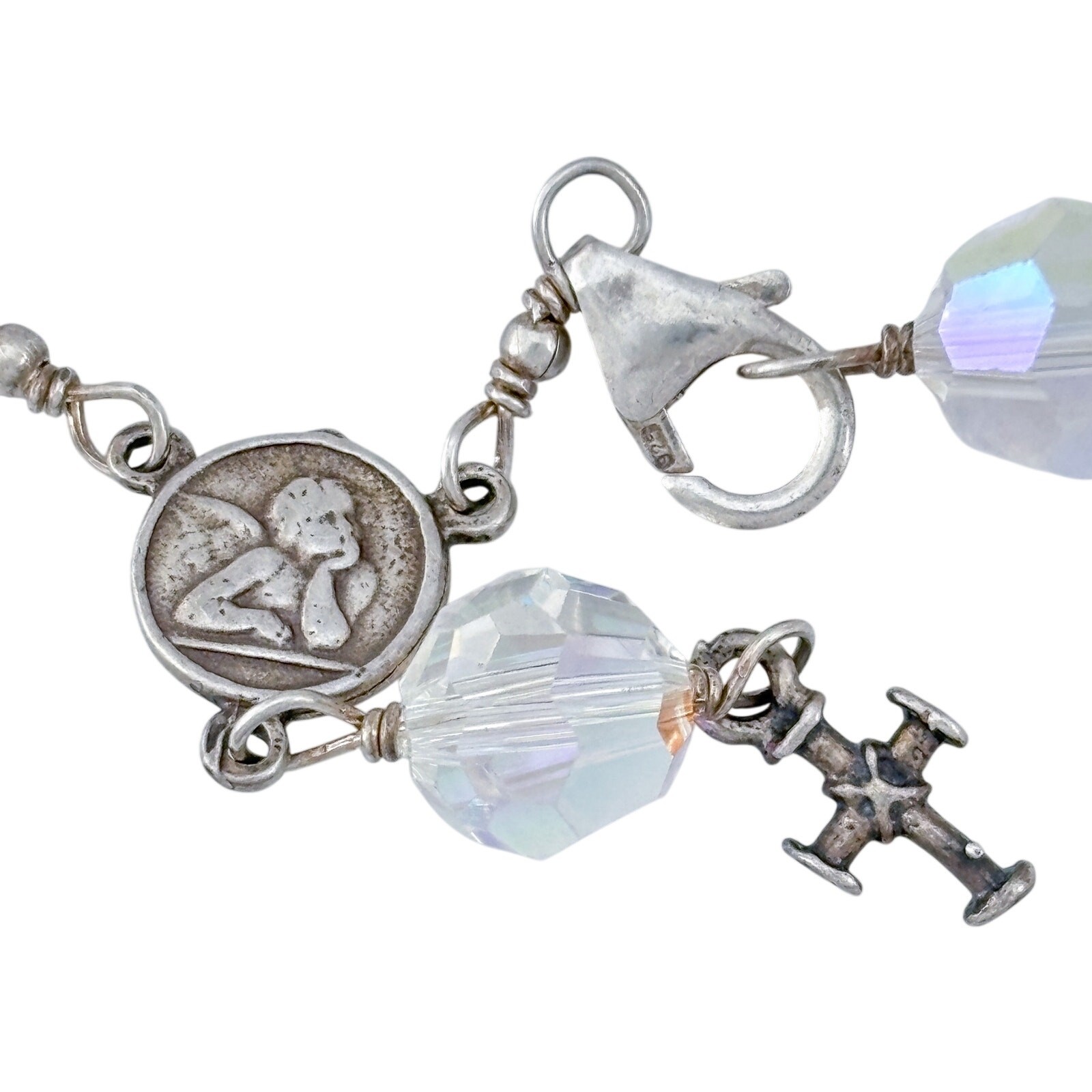 Vintage Sterling Silver 925 Aurora Borealis AB Rosary Bracelet 7.25″
