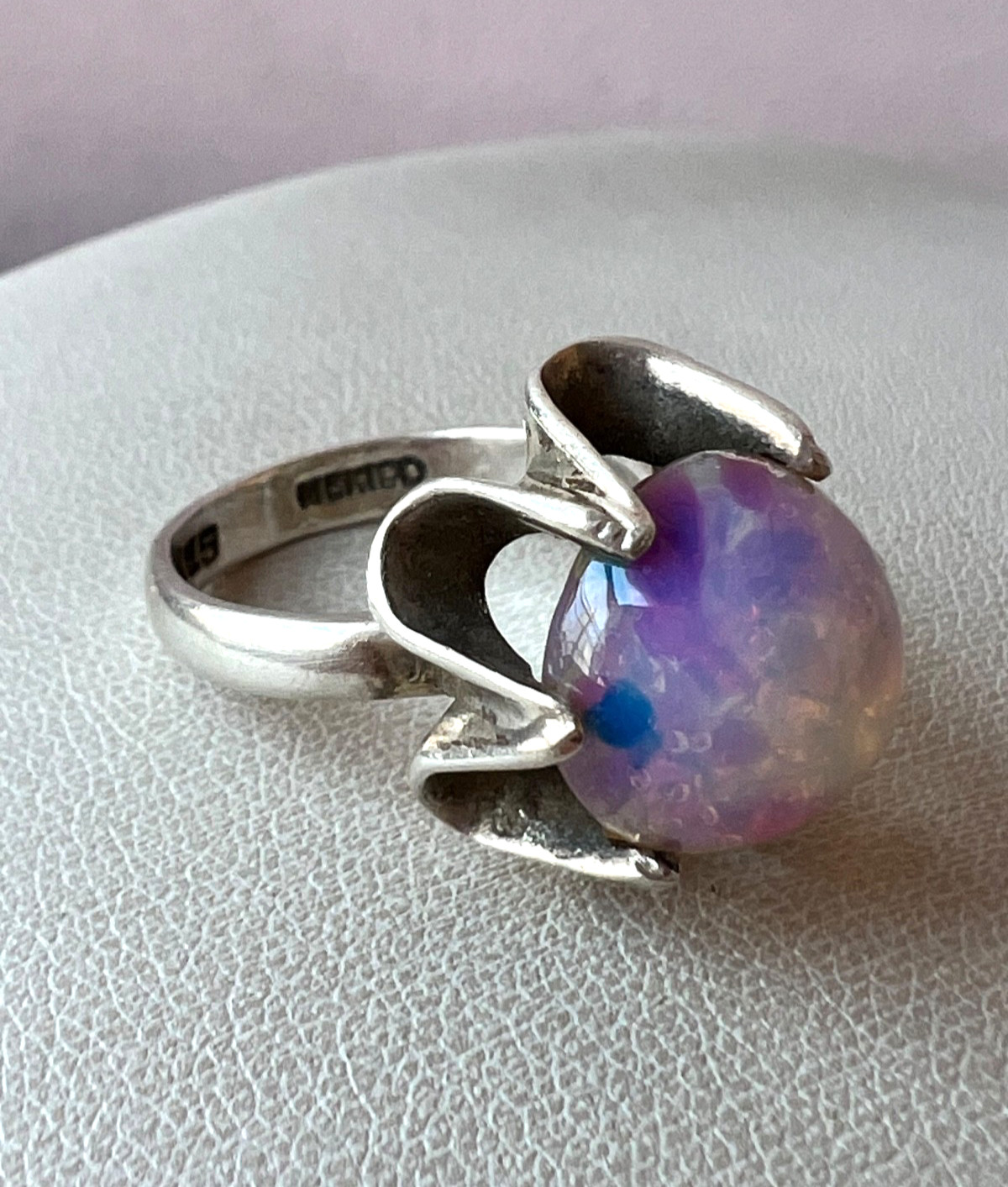 VINTAGE LARGE ROUND CABOCHON FAUX RAINBOW OPAL RING 925 STERLING SLVER MEXICO