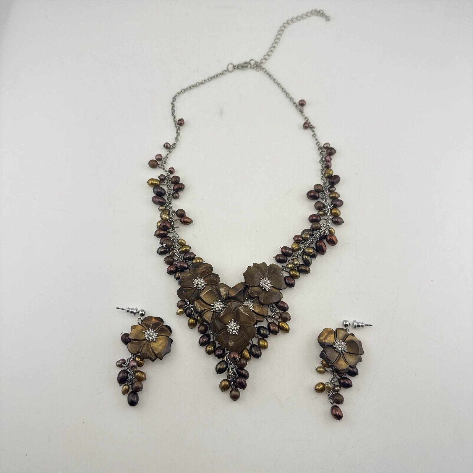 Tigers Eye Pearl Necklace Earrings Set Floral Waterfall Cluster Silver Tone QVC