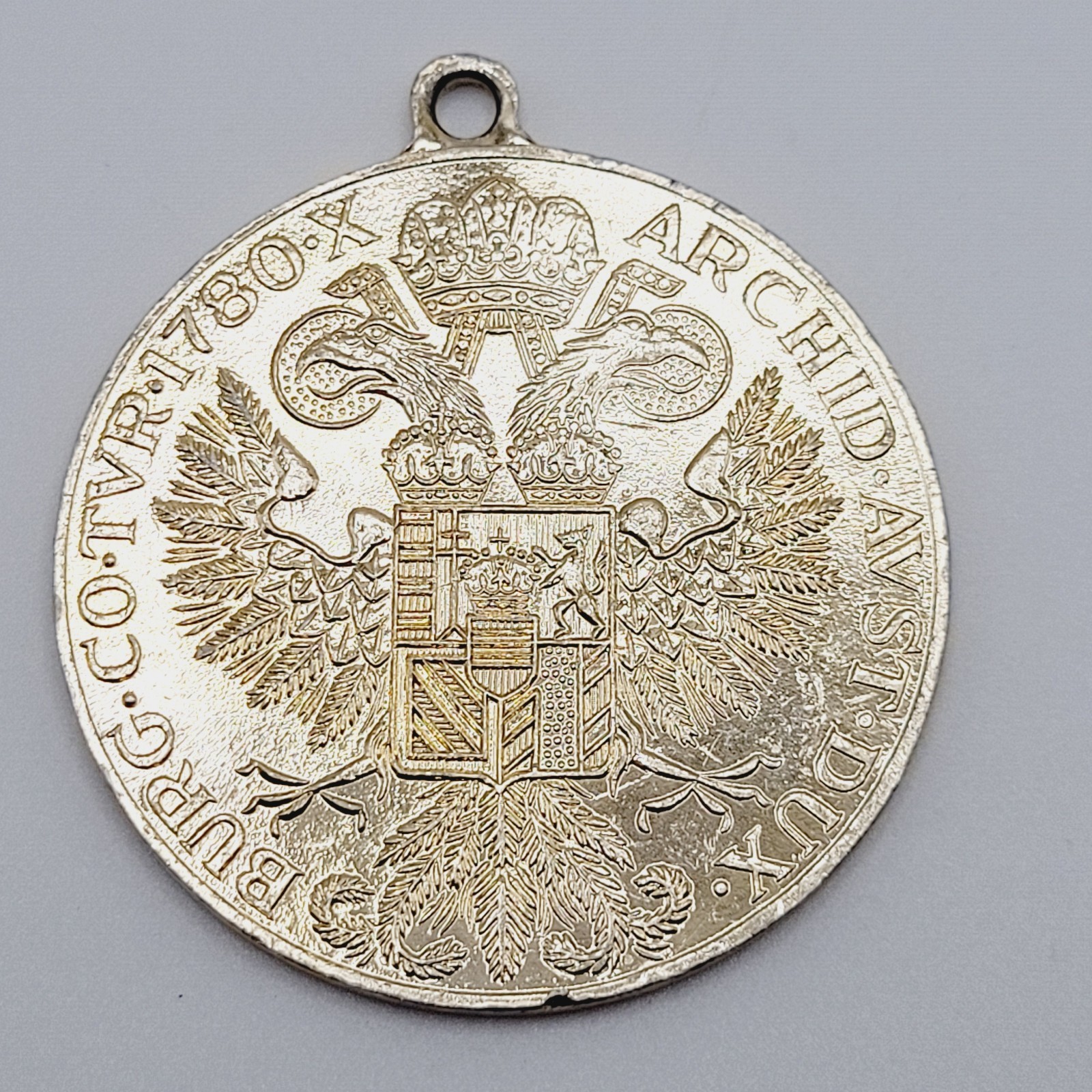 Maria Theresa Replica Token Medallion Coin Pendant Gold Tone Attached Bail