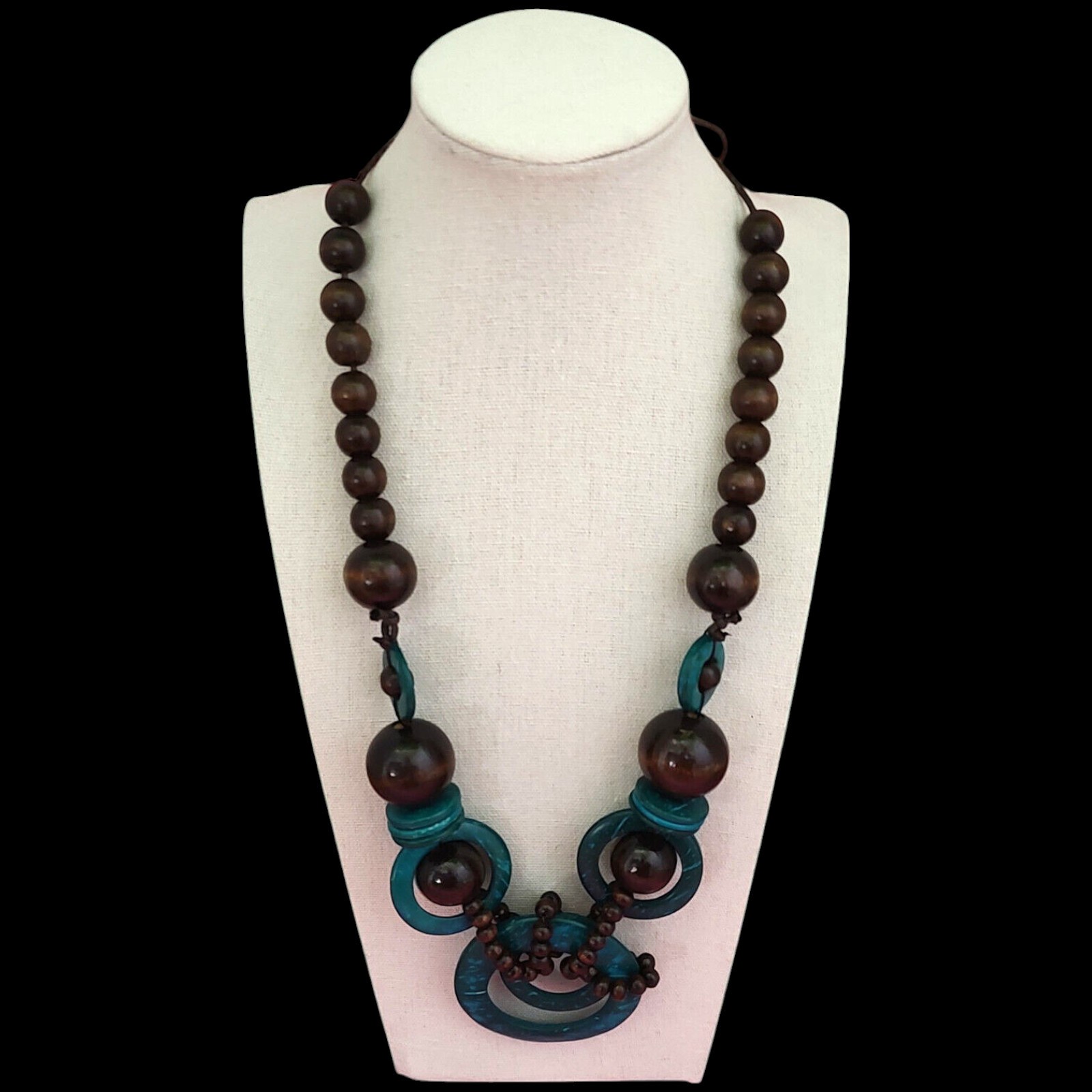 VTG Long Chunky Boho Natural Teal Beaded Bohemian Earthy Statement Necklace 19″