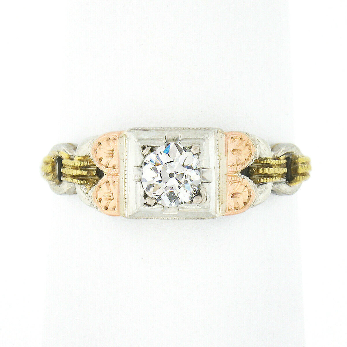 Antique 18k & 14k Gold .34ct Old European Diamond Detailed Sides Engagement Ring