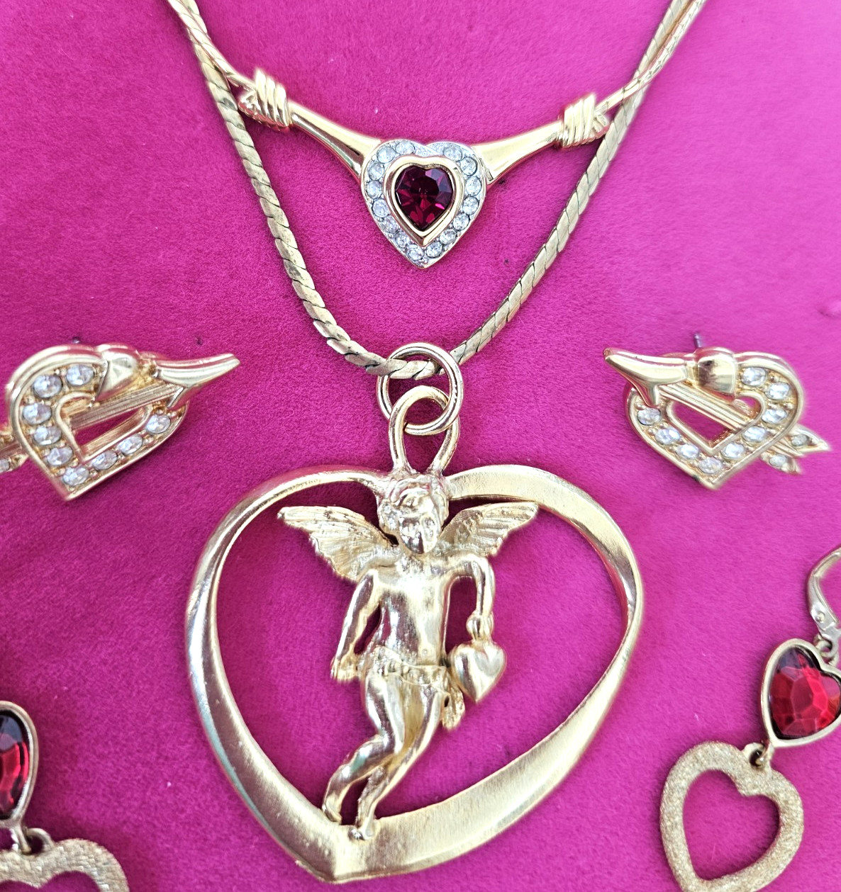 Signed Monet Red Heart Necklace Vintage Gold Tone Rhinestone Jewelry Lot Earring