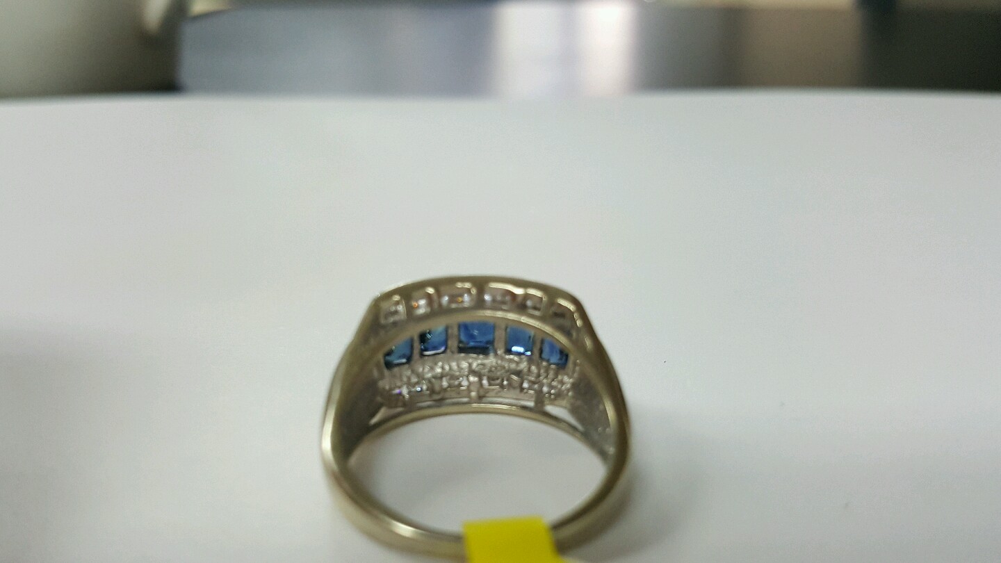 Estate 1.17ct Emerald Cut Blue Sapphire and Round Diamond 14k Whote Gold Ring