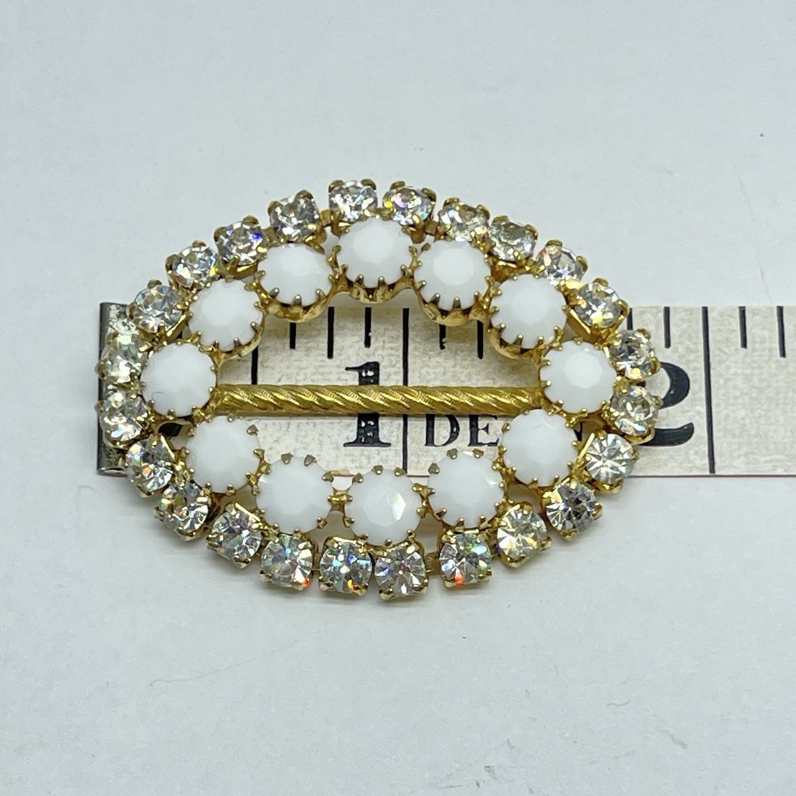 Vintage Gold Tone Oval Scarf Slide Rhinestones And Faceted Milk Stones