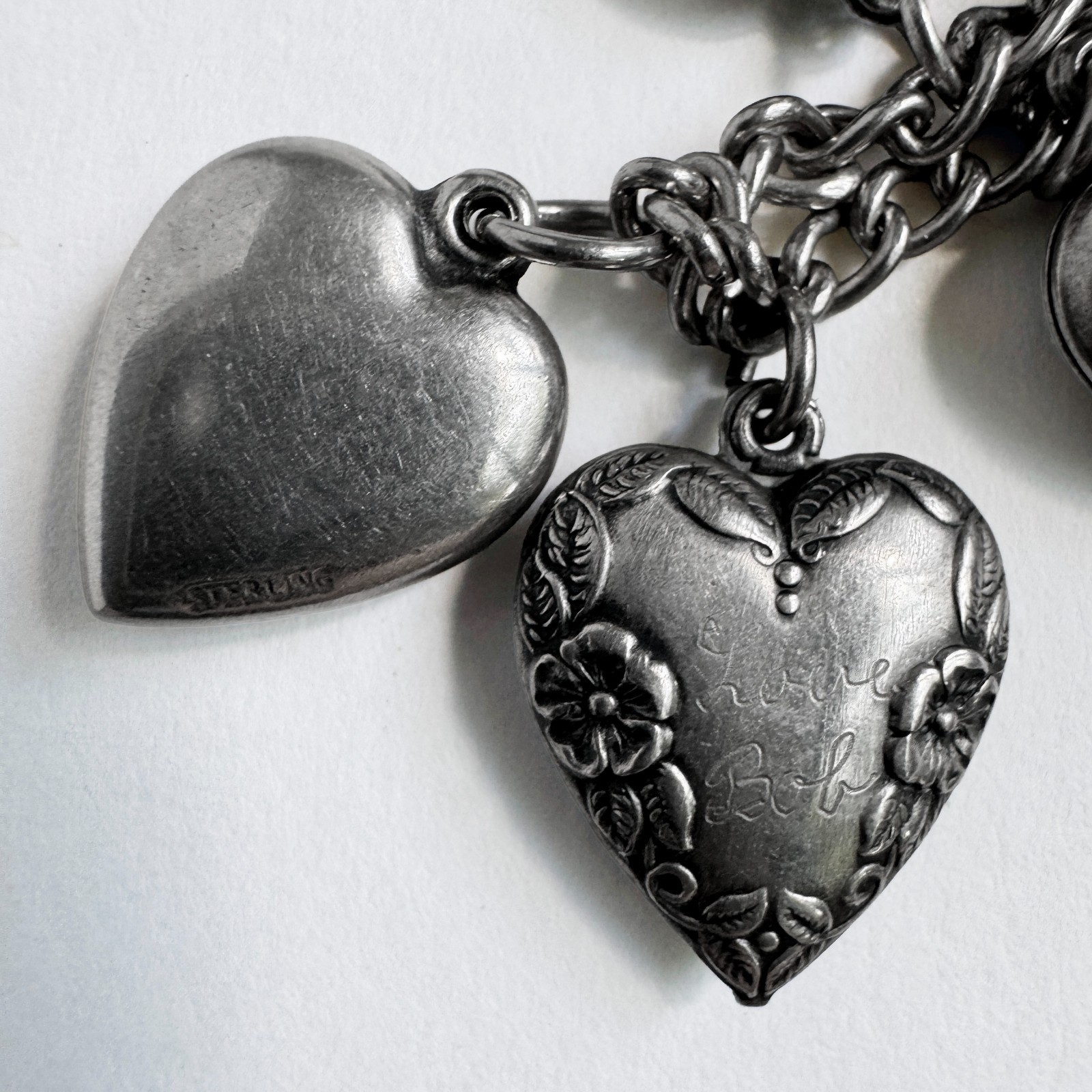 Vintage WWII Sterling Silver 925 Puffy Heart Sweetheart Bracelet w/ 14 Charms