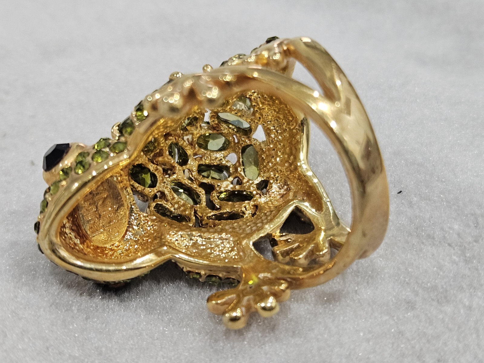 Real Collectibles By Adrienne Whimsical gold tone green crystal frog Signed PJM.