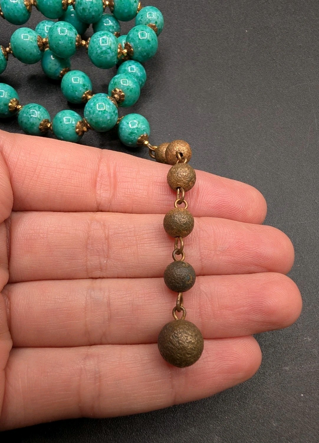 MIRIAM HASKELL Green Speckled Peking Faux Jade Glass Bead Necklace Earrings Set