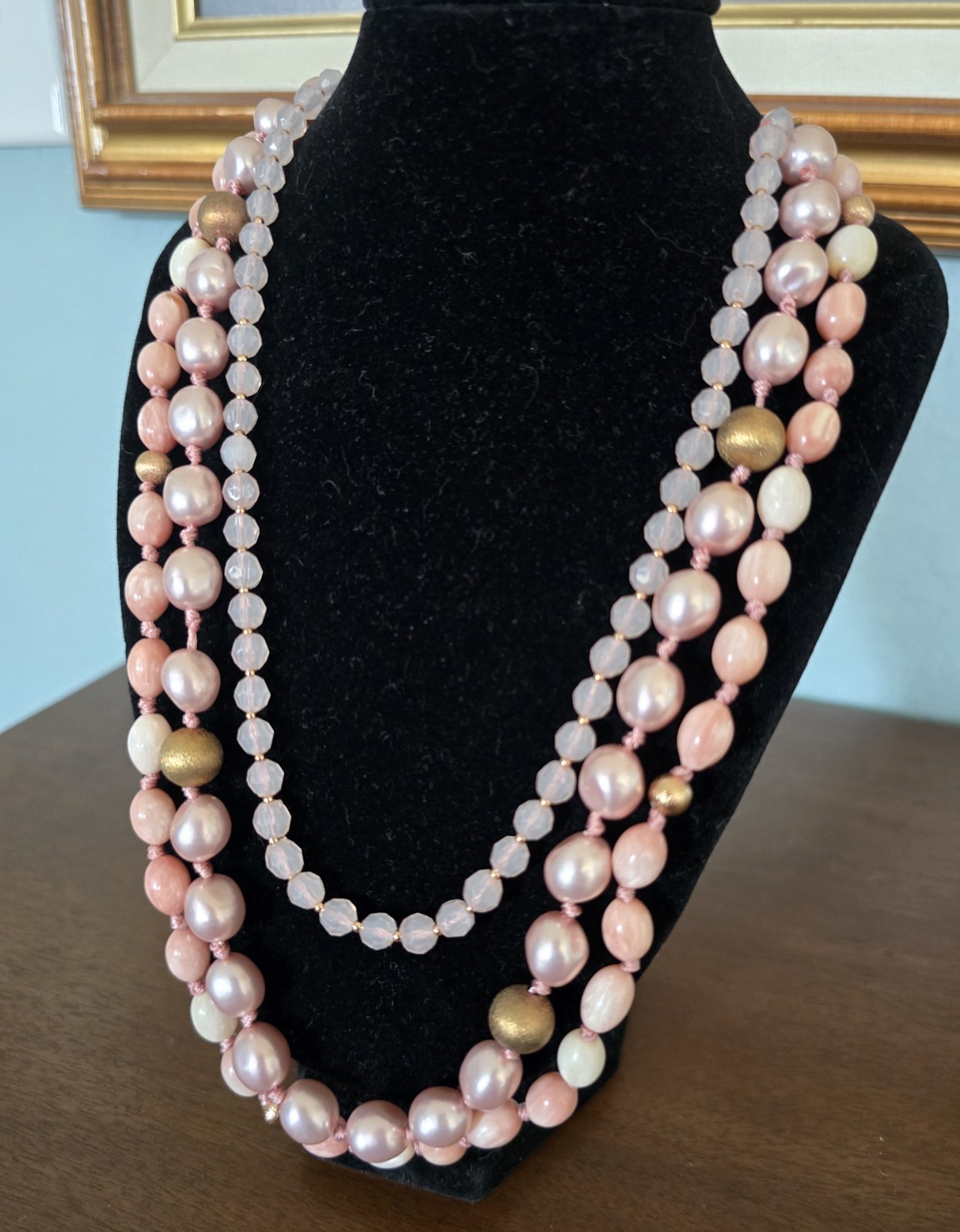 Vintage Monet Pink & Champagne 3 Strand Necklace Faux Pearl And Crystal Bead 17″