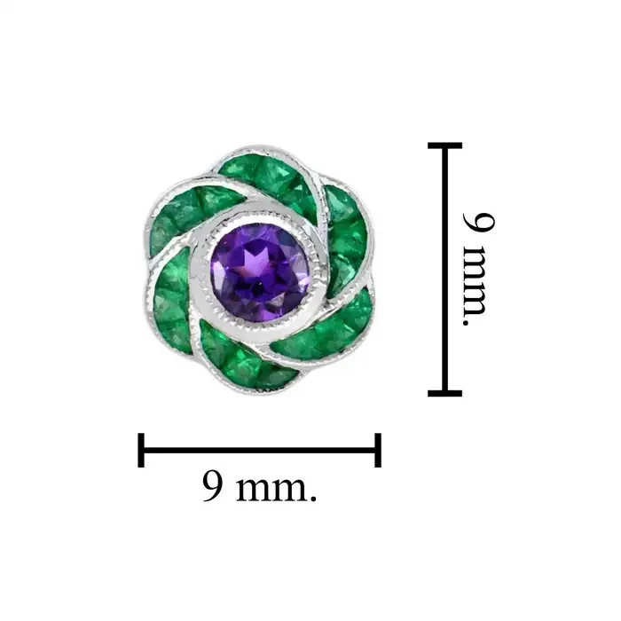 Art Deco Style Round Amethyst and Emerald Floral Stud Earrings 14K White Gold FN