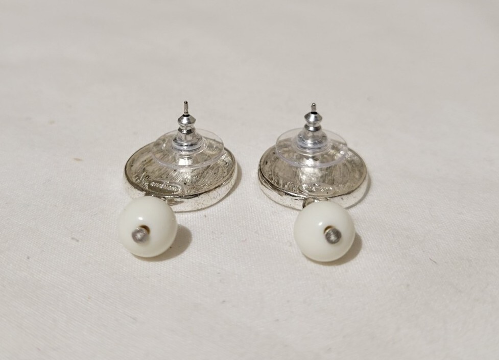 Vintage Givenchy Signed Logo Silver Tone with White Ball Pierced Dangle Earrings
