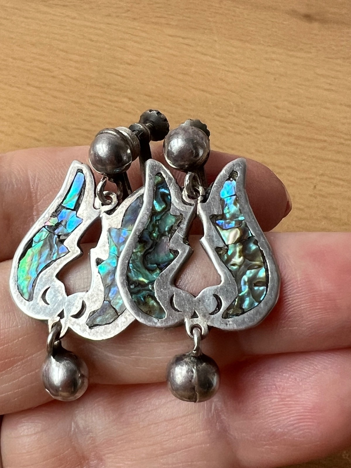 VINTAGE TAXCO MEXICO TULIP DESIGN ABALONE SCREW BACK EARRINGS 925 STERLING SLVER