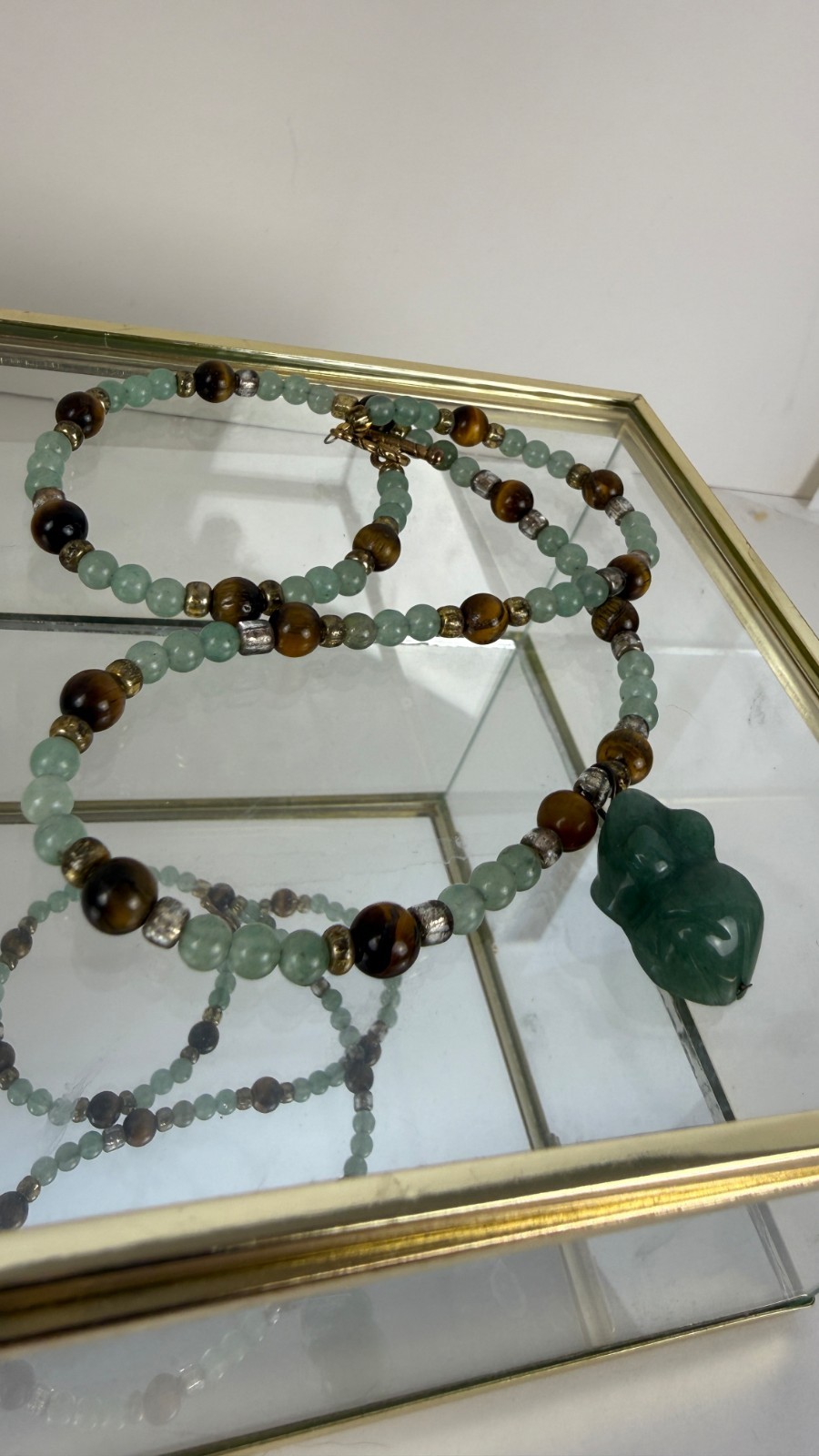 Green Aventurine & Tiger’s Eye Beaded Necklace | Carved Stone Frog Pendant 18″