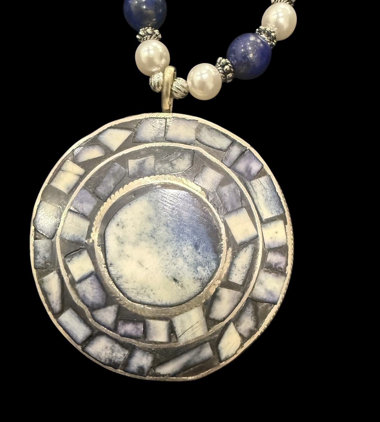 Lapis Sodalite And Faux Pearl Long Beaded Statement Pendant Necklace