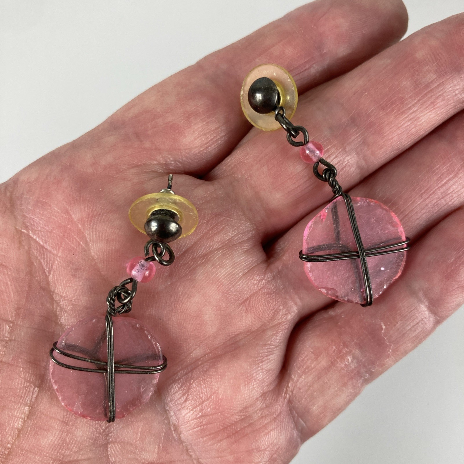 Vintage Wire-Wrapped Transparent Pink Glass Earrings Silvertone Dangle Drop Post