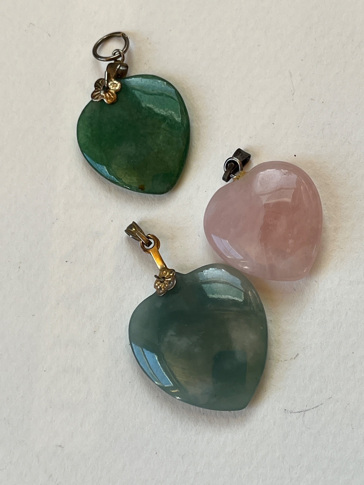 Lot of 3 Carved Green Stone or Pink Rose Quarts Heart Shaped Pendants or Charms