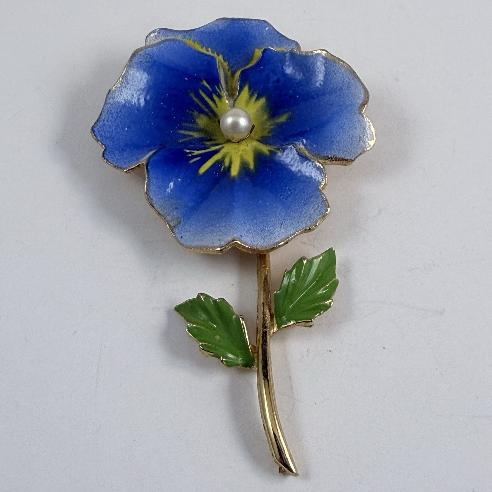 Vintage Blue & Yellow Enameled Faux Pearl Pansy Flower Brooch Gold Tone