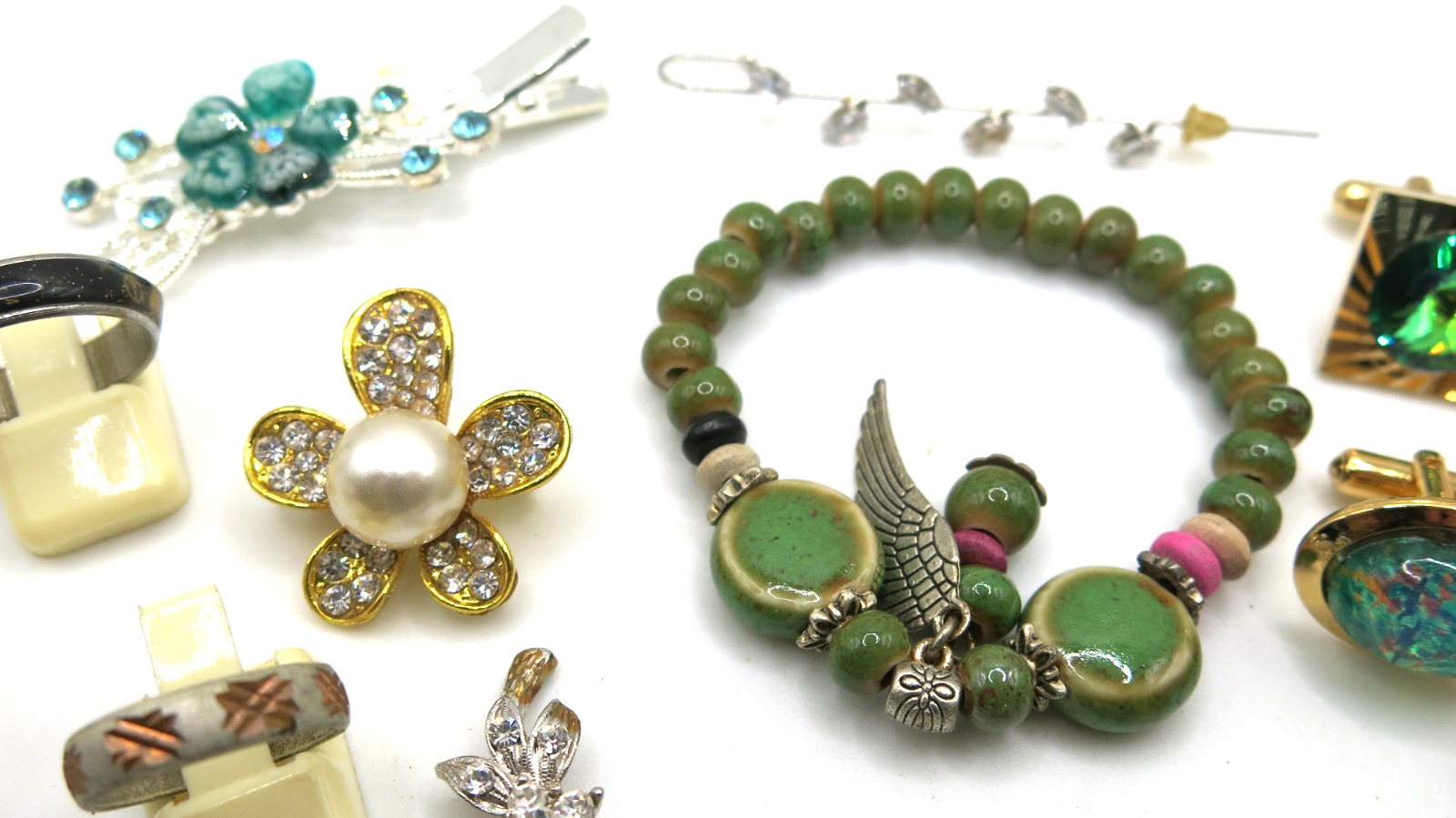 VTG Jewelry Set Lot 20pcs Pendants Brooch bracelet Cufflinks Ring Green stones