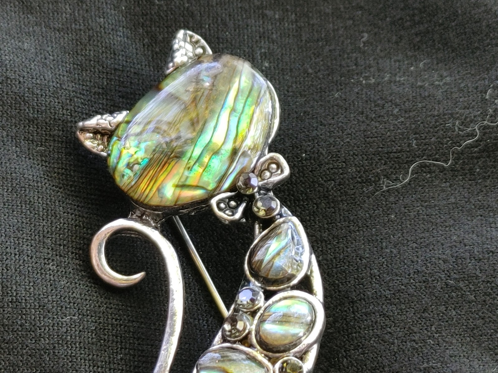 2 Pc. Lot Of Whimsical Retro Cat Brooches Faux Abalone Silver Tone 2″