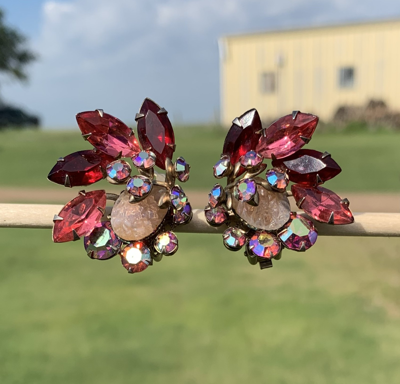 Vintage Pink Lava Glass Cabochon Red Pink and AB Rhinestone Clip On Earrings