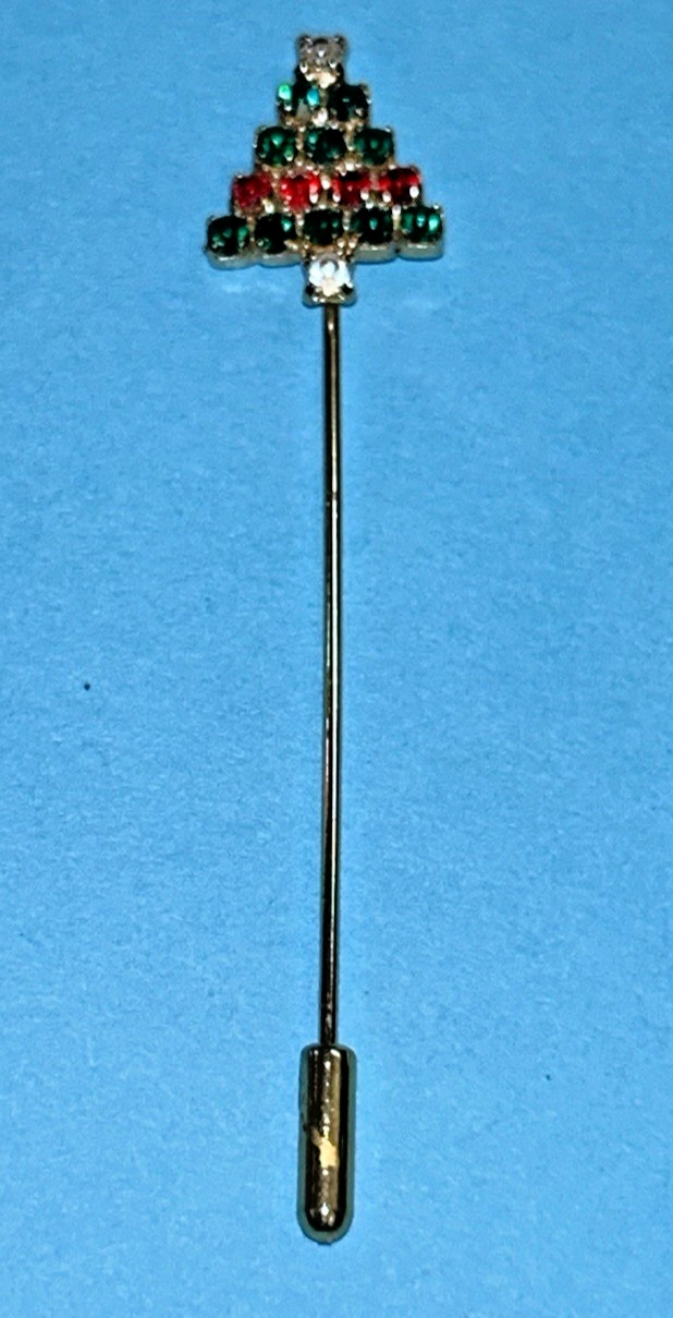 Christmas Tree Stick Pin, Prong Clamped Rhinestones, 2.75″ long, Holidays