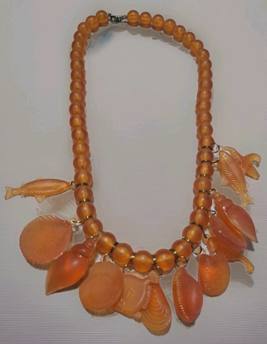 Vtg Lucite Acrylic Retro Glowing Amber Unique Beaded Necklace Shell Fish Charms