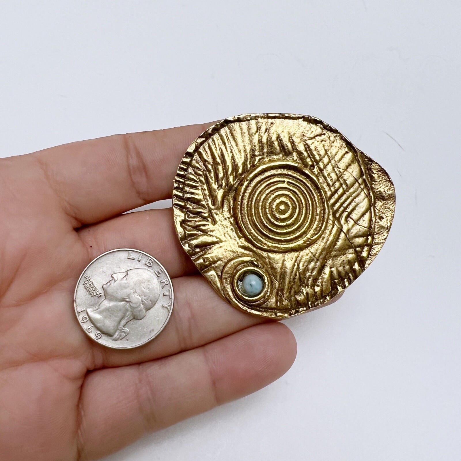 Vintage Jean David Abstract Spiral Brutalist Faux Turquoise Round Brooch Pendant