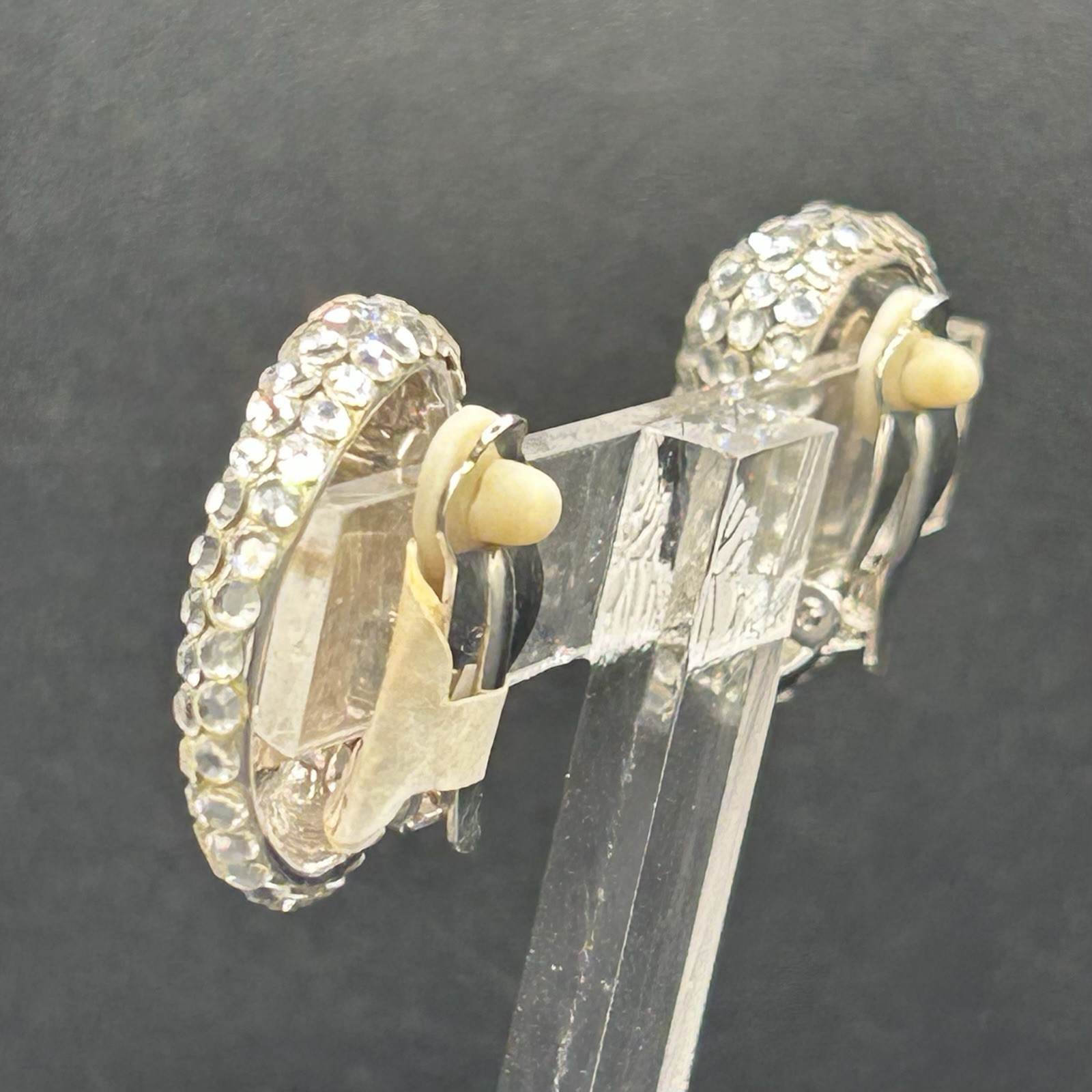 Vintage 80s 90s Rhinestone Clip On Earrings Silver Tone Clear Pave NOS