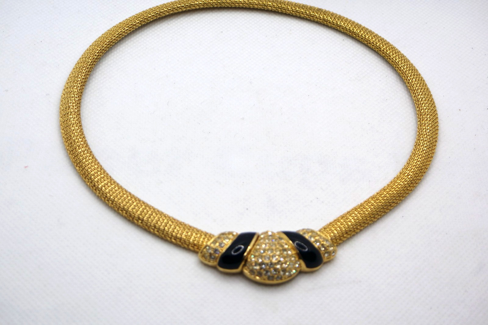 VINTAGE CHRISTIAN DIOR GOLD PLATE MESH METAL CHOKER NECKLACE RHINESTONE BLACK