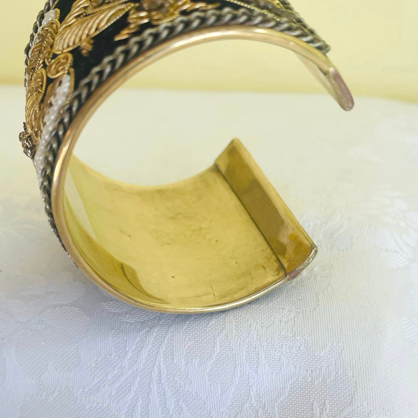 Vtg Artisan Wide Cuff Bracelet Bullion Embroidered Zardozi Style Seed Bead Brass