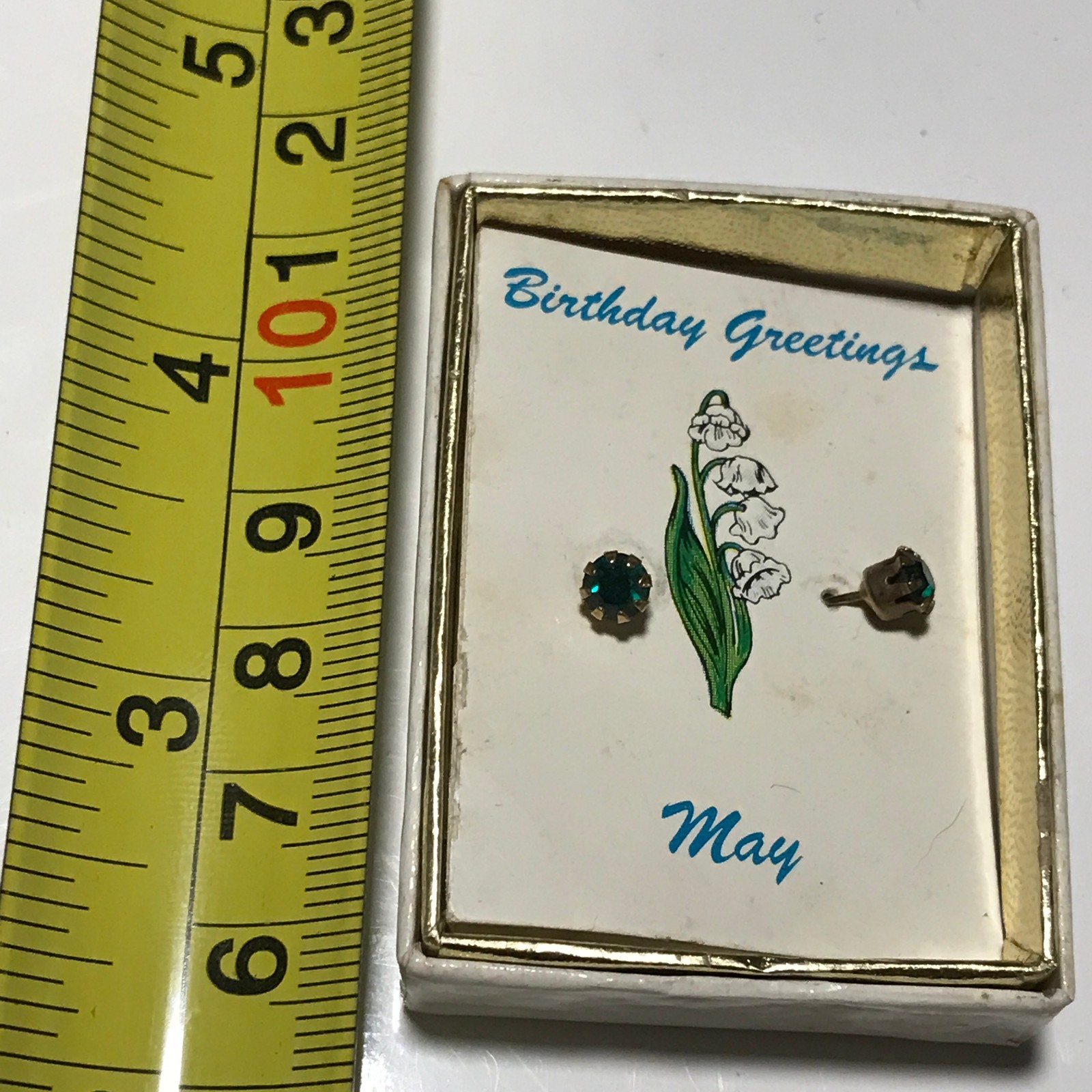 Vintage Gold Tone Earrings May Simulated Emerald Birthstone w/Gift Box! NOS NOI