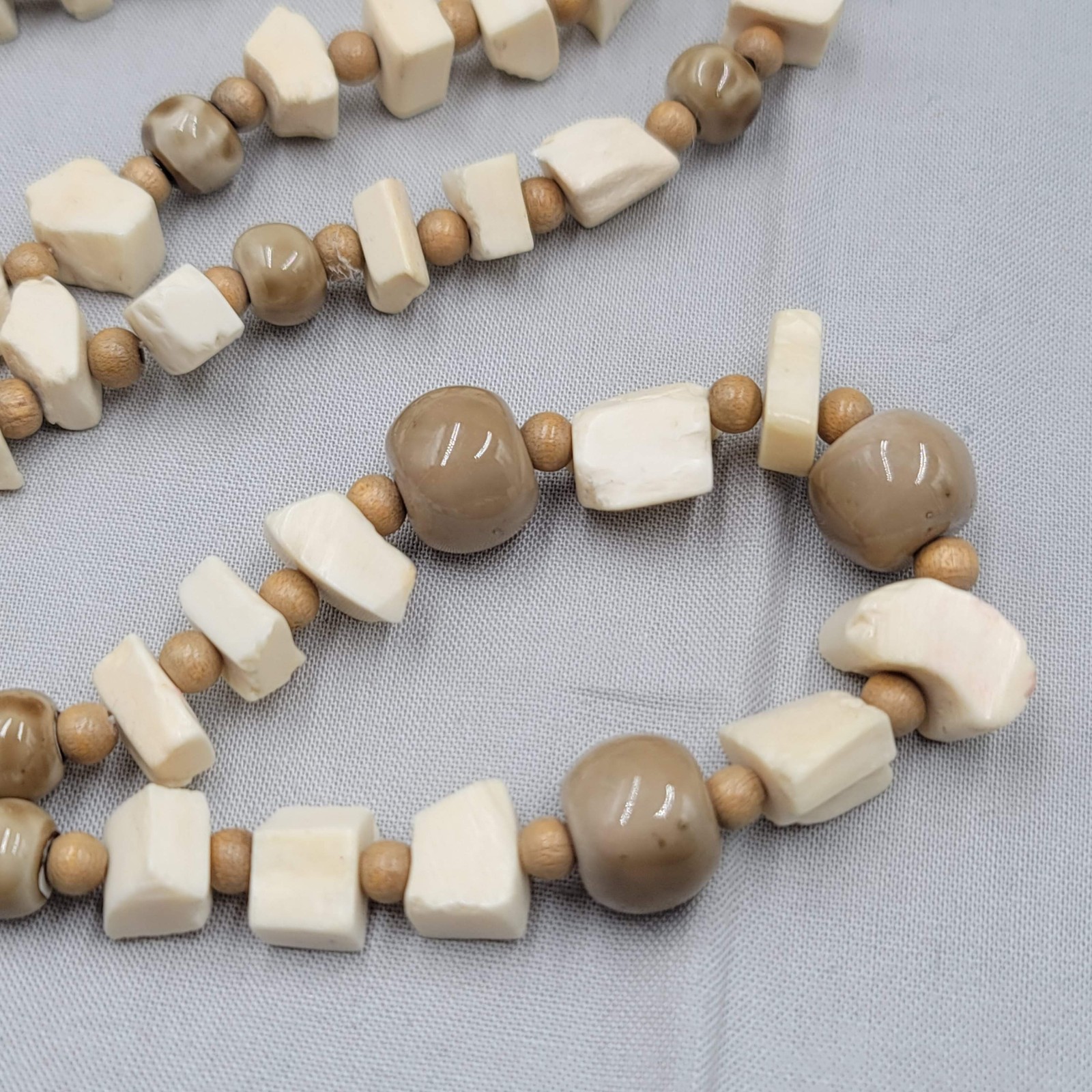 Vintage Bead Necklace Wood Ceramic Cow Bone Long 32″