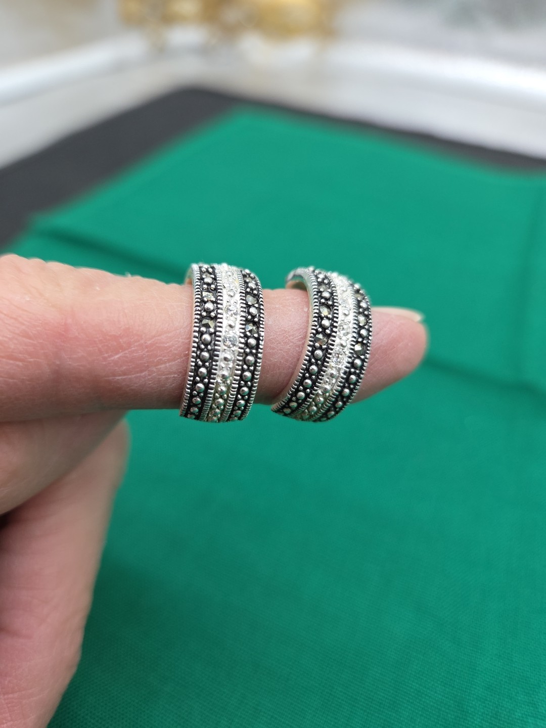 Vintage CW Earrings – Silver, Marcasite & Black
