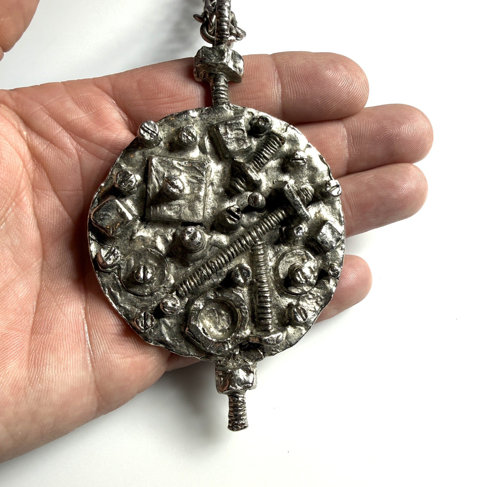 MCM Brutalist Vintage 60s Erwin Pearl Steampunk Bolts & Screws Pendant Necklace